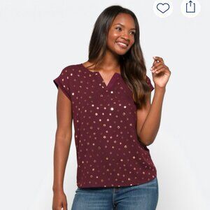 Papermoom Reece Mixed Material Foil Print Polka Dot Blouse, Size M, Burgundy